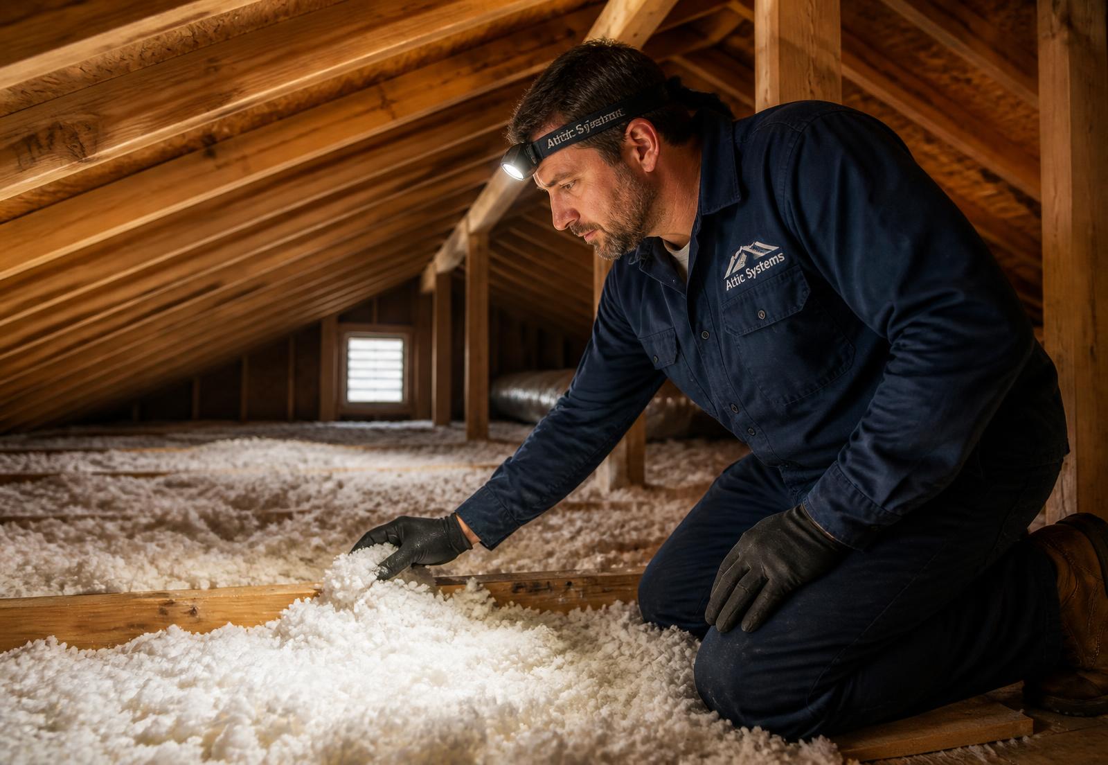 Attic technician inspecting blown-in insulation in a South Florida home attic